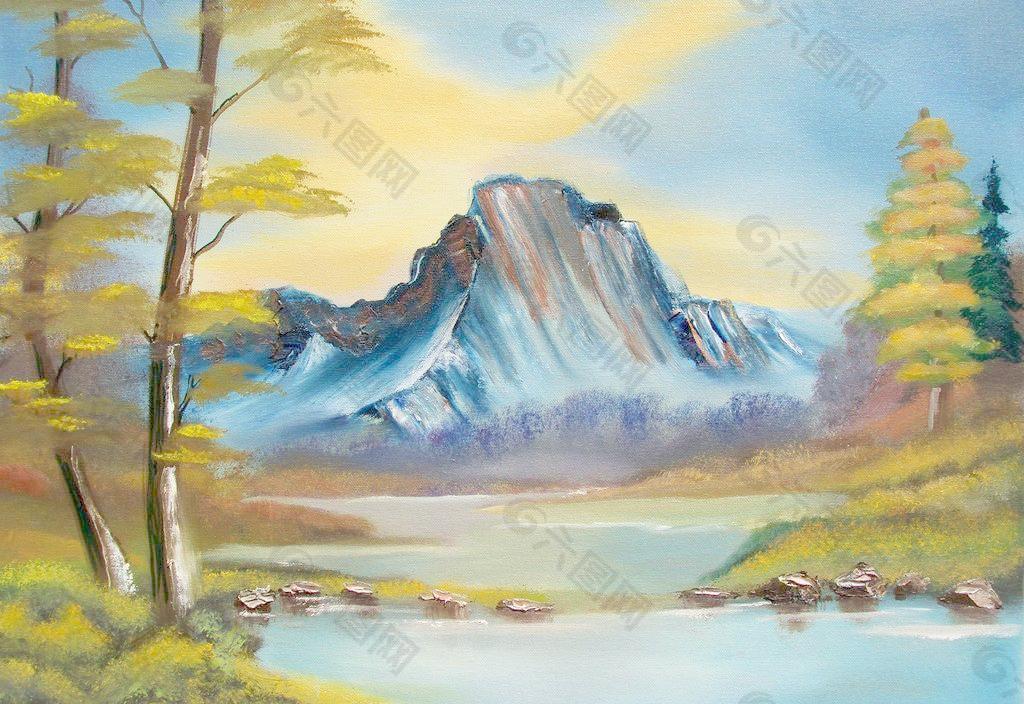 油画 高山湖泊图片
