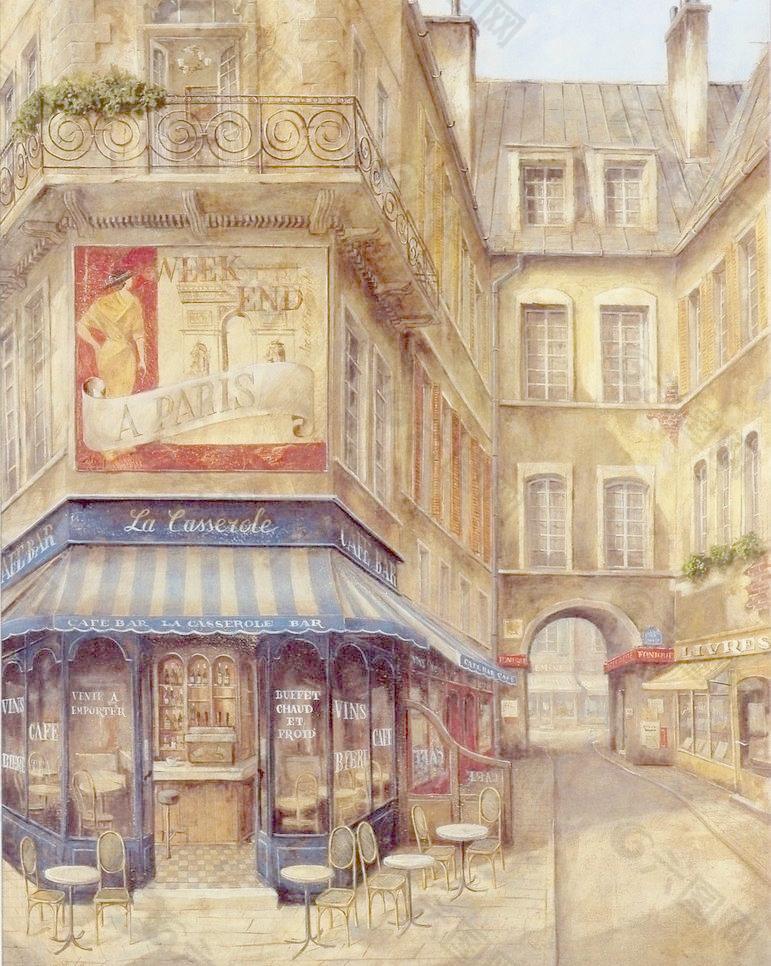 欧式装饰画 巴黎街景 酒吧图片