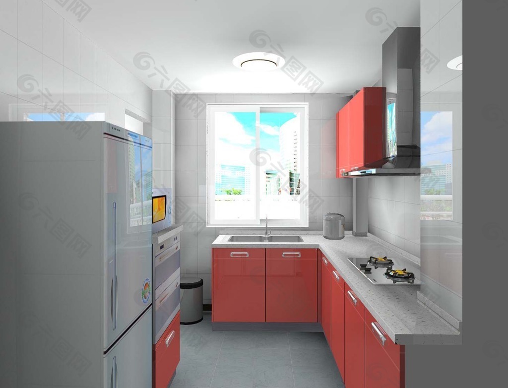 一体式厨房红色橱柜装修效果图_土巴兔装修效果图