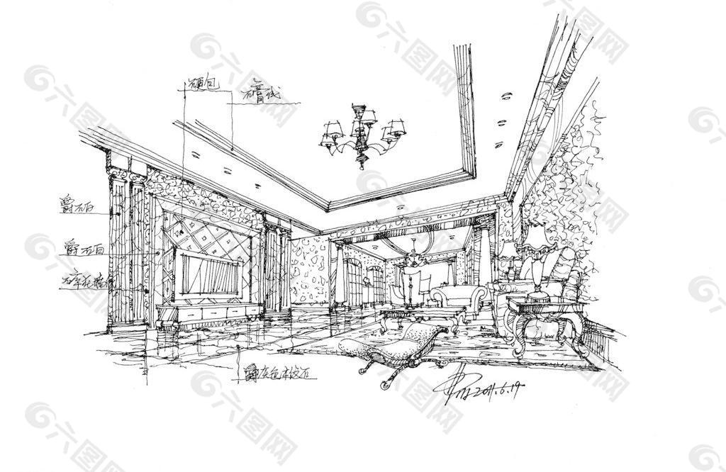 欧式家居客厅空间手绘草图图片