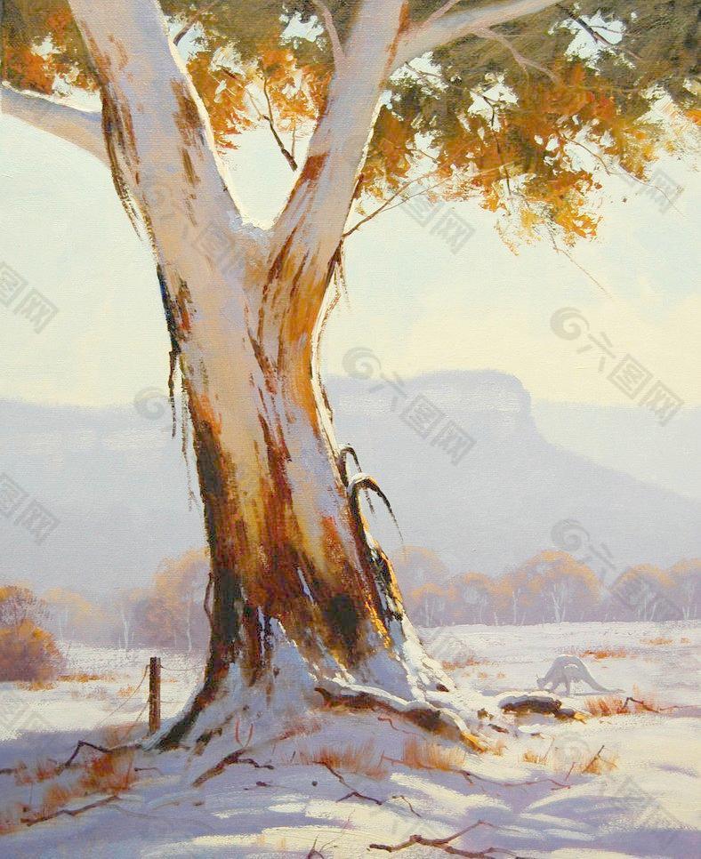 油画 冬天的树图片
