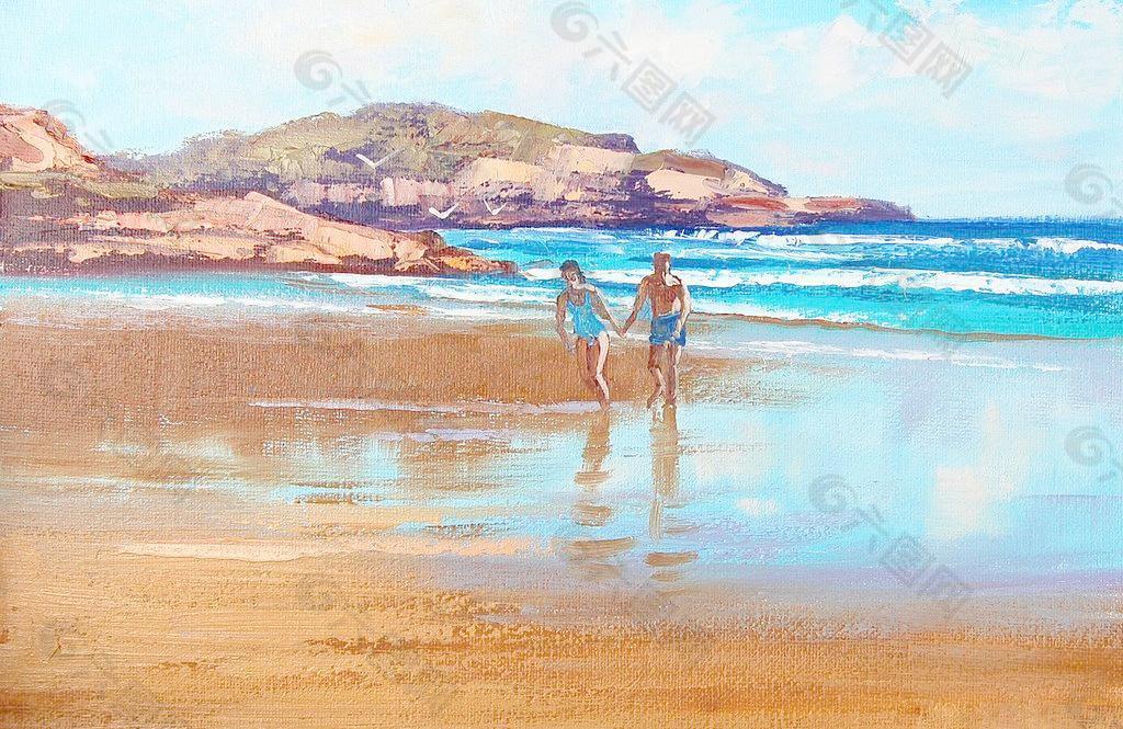 油画 海滩情侣图片
