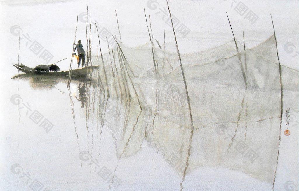 水彩画 洞庭渔光曲图片