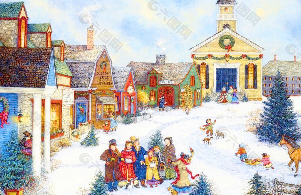 油画 小镇圣诞夜图片