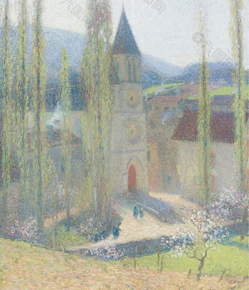 乡村教堂油画图片