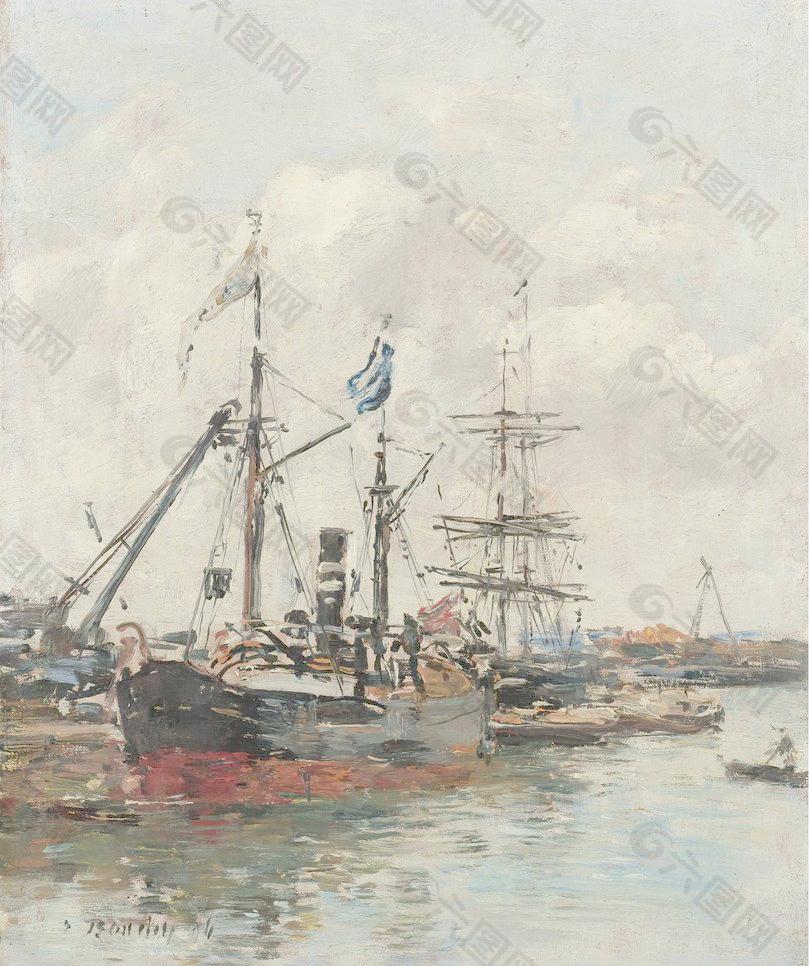 港口渔船油画图片