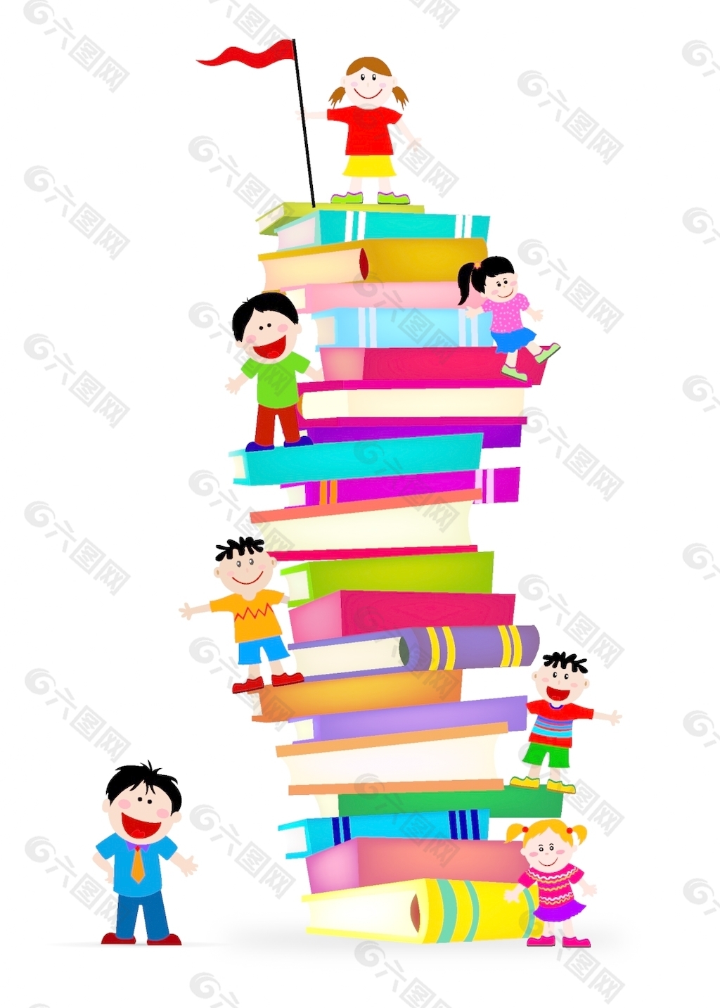 孩子们爬上一堆书