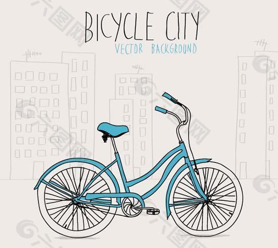 手绘自行车城市背景矢量素材
