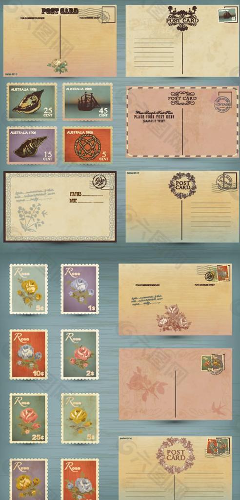 复古图案邮票明信片矢量素材