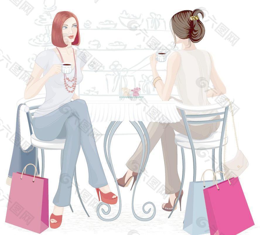 购物后喝咖啡聊天的女人图片