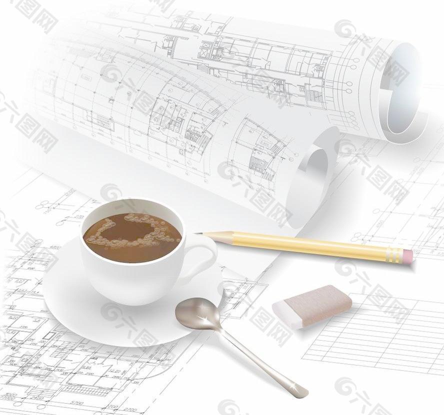 建筑工程图 咖啡 办公用品图片