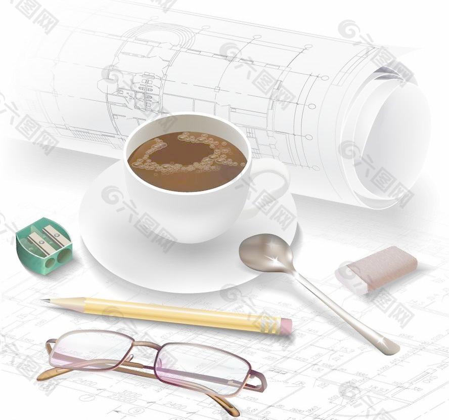 建筑工程图 咖啡 办公用品图片