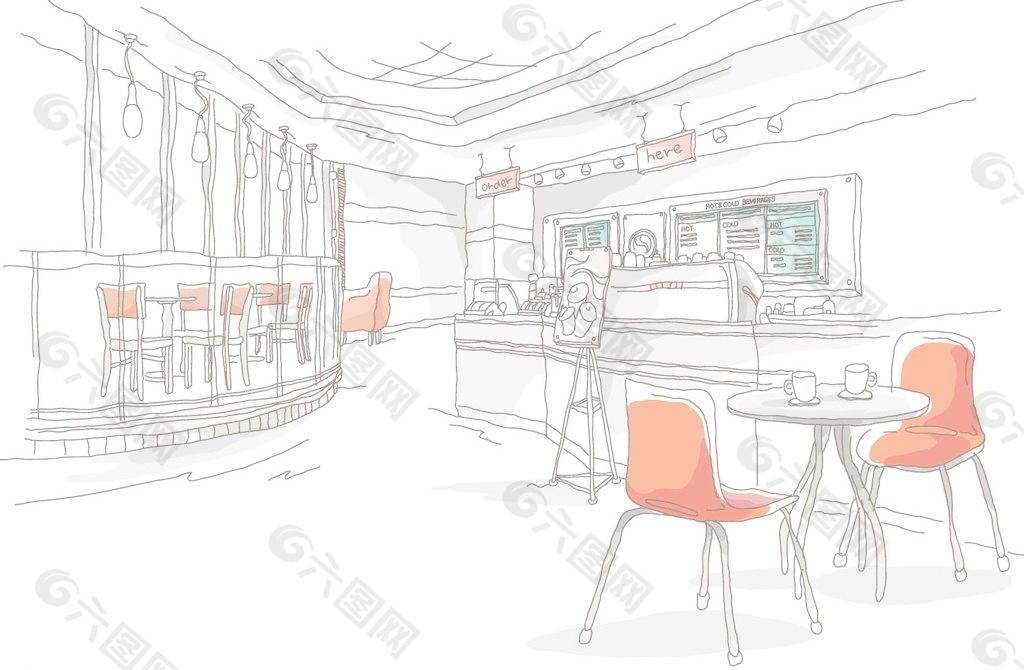 手绘线条 咖啡厅室内图片