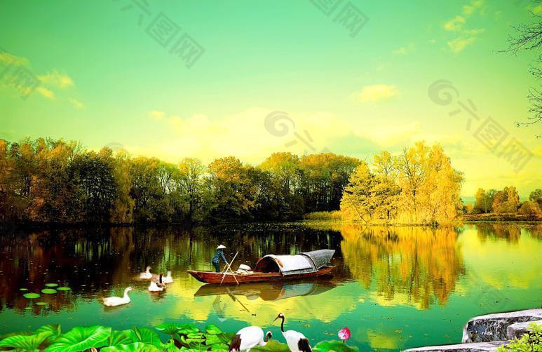 秋色 湖景图片