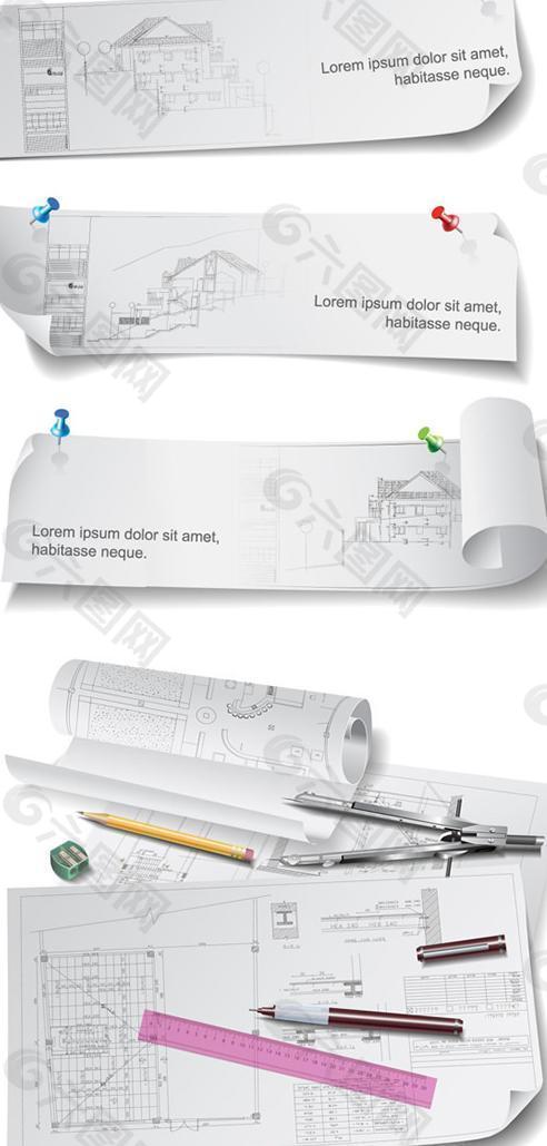 手绘建筑结构图纸矢量素材