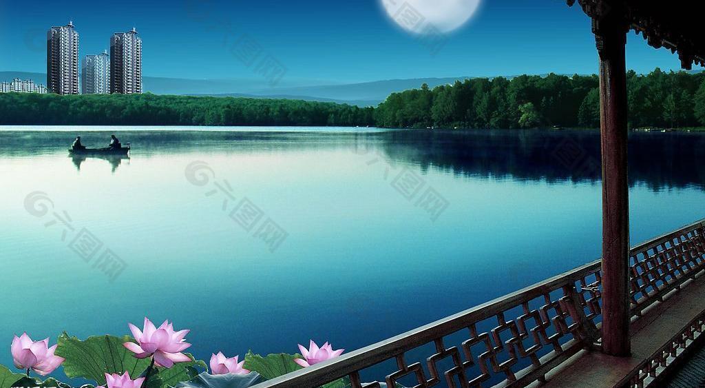 湛蓝的湖景图片