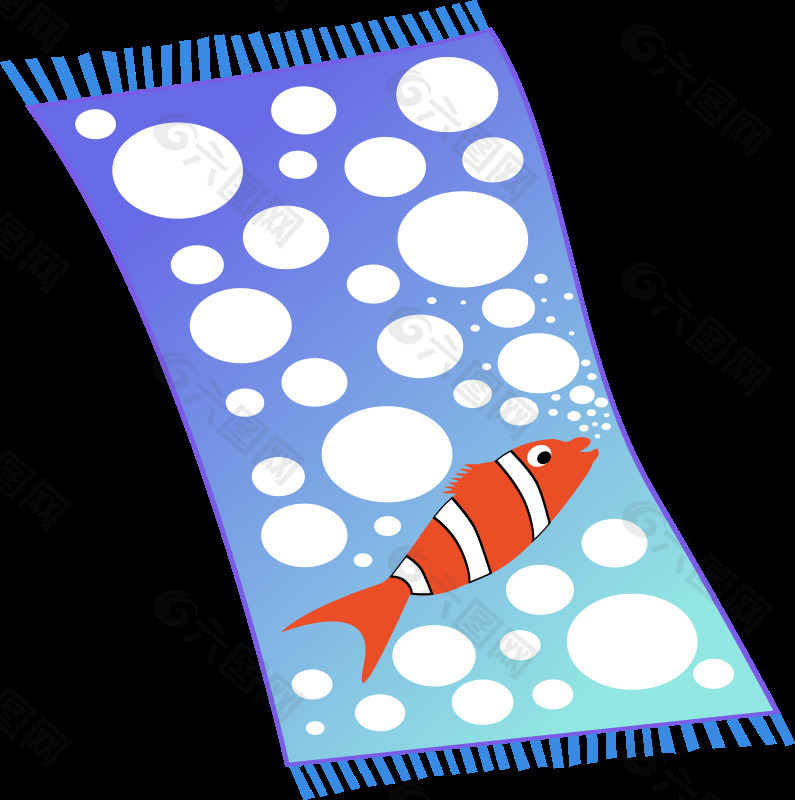 毛巾蓝色与白色的泡沫和白色带红色的鱼