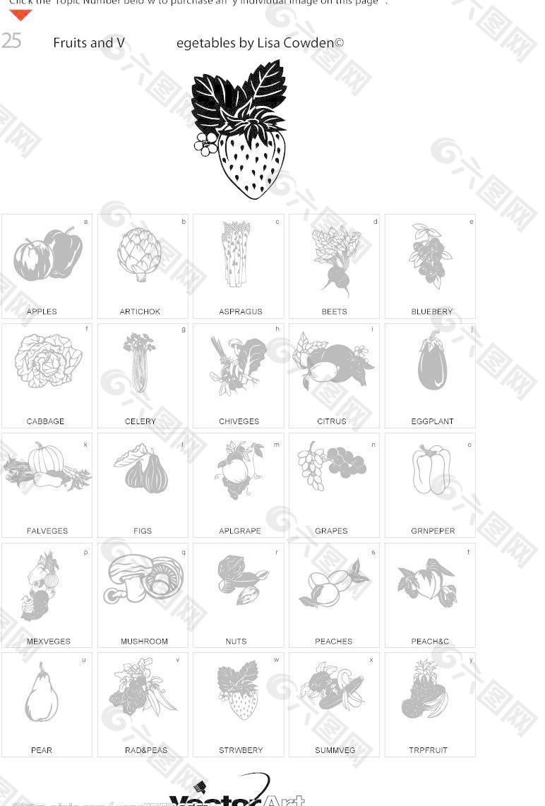 黑白线描水果蔬菜矢量素材图片