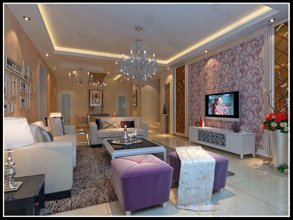 现代时尚亮面客厅紫色沙发室内JPEG图图片素材-编号29209739-图行天下