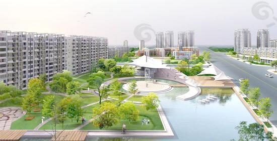 地产湖畔公园景观效果图PSD