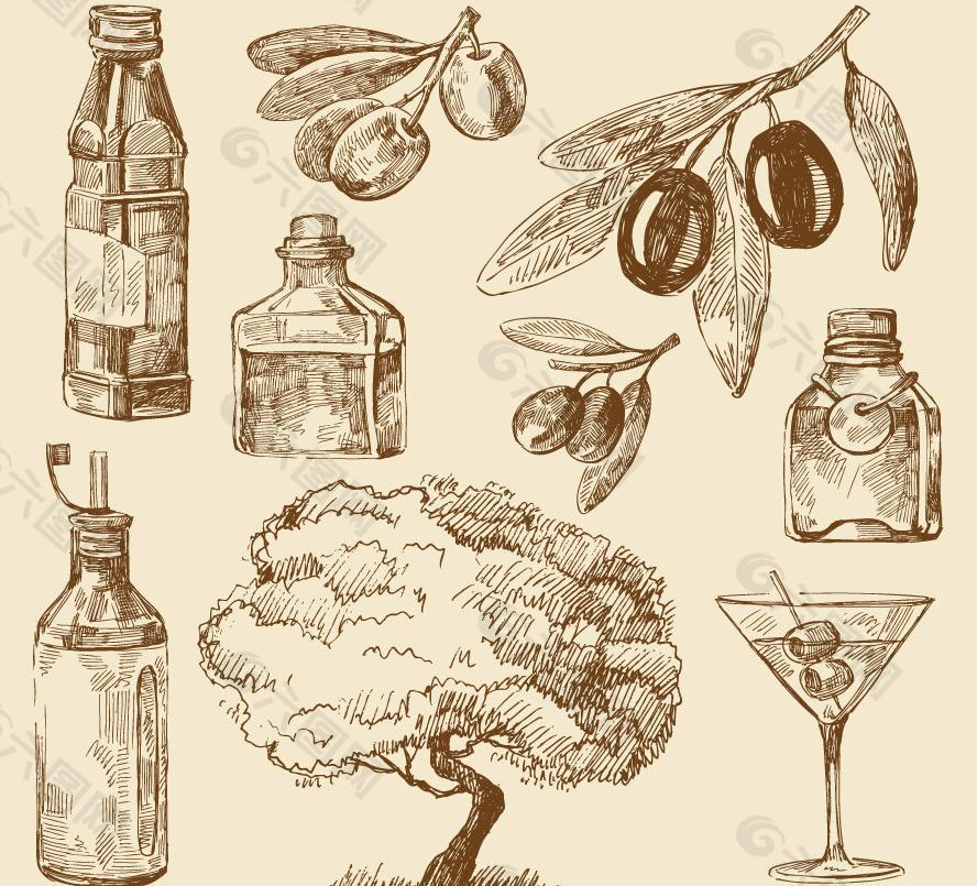 手绘树木橄榄美酒图片