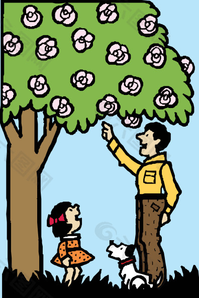 父亲和女儿的剪贴画下的树