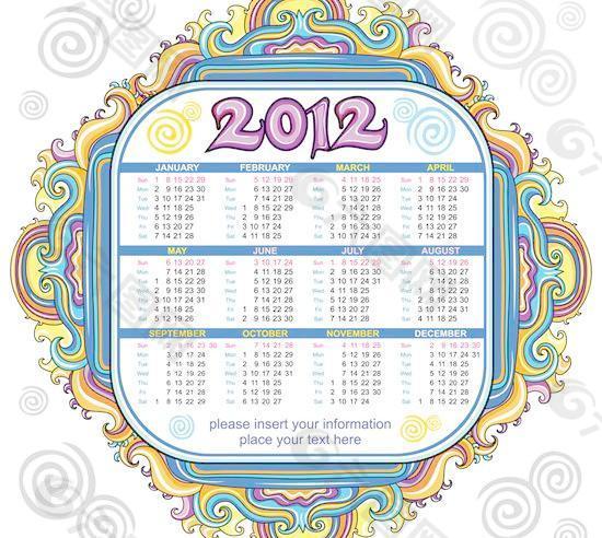 2012新年花纹边框台历矢量图