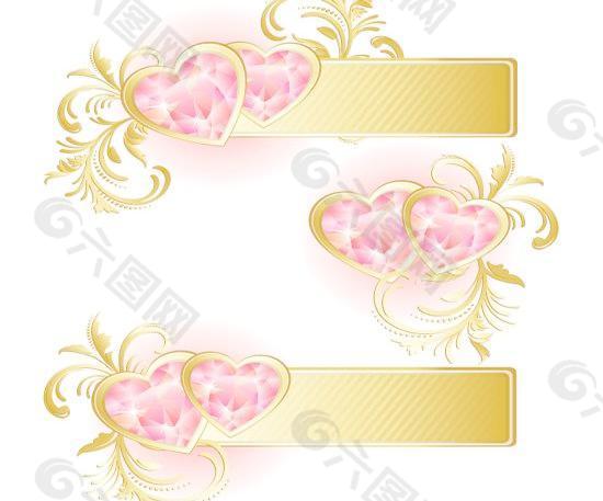 心形粉钻金色花边装饰设计矢量