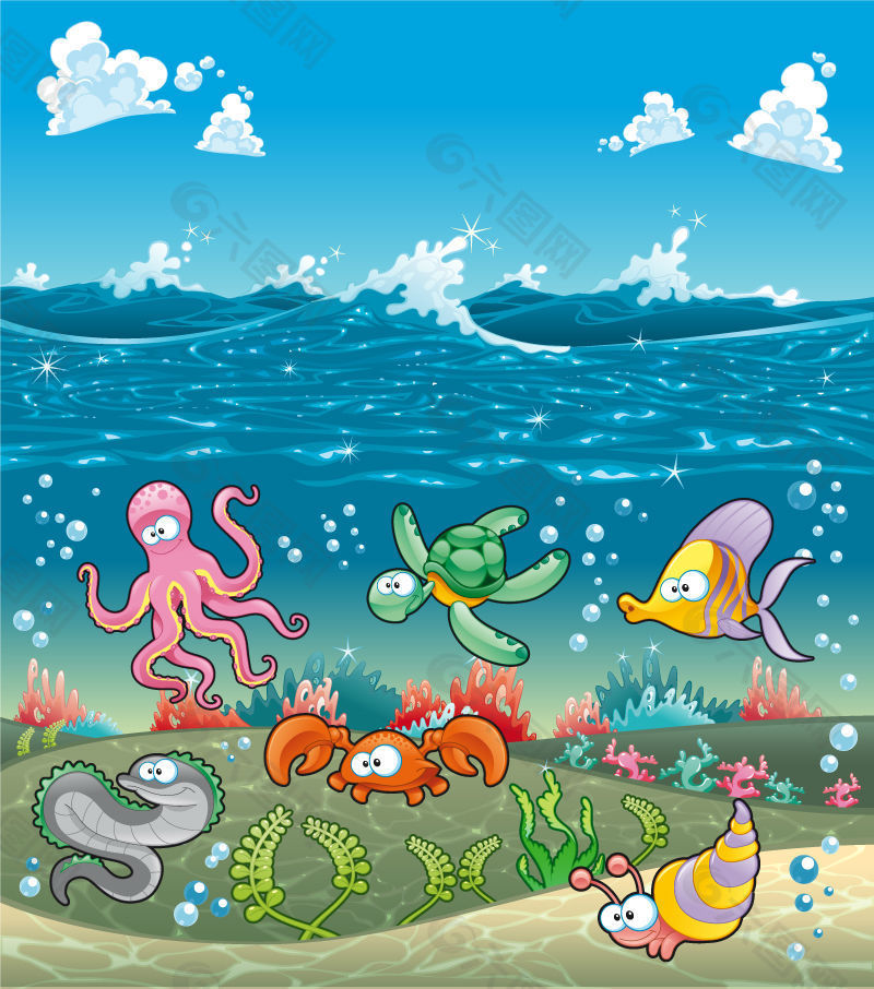 卡通海底世界插画矢量素材