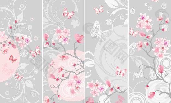 日式樱花蝴蝶花纹条幅矢量素材