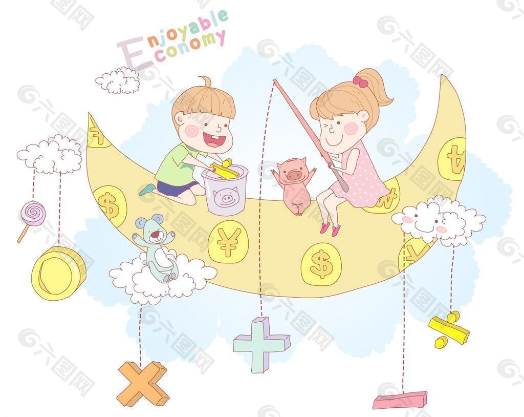 乘坐月亮船钓鱼的孩子图片