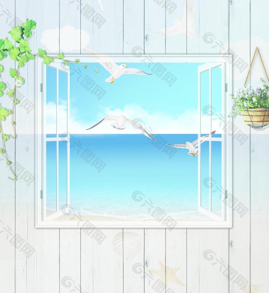 夏日小屋窗户海景图片