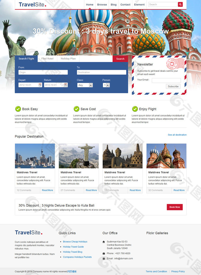 简洁的国外旅游酒店预定网站模板