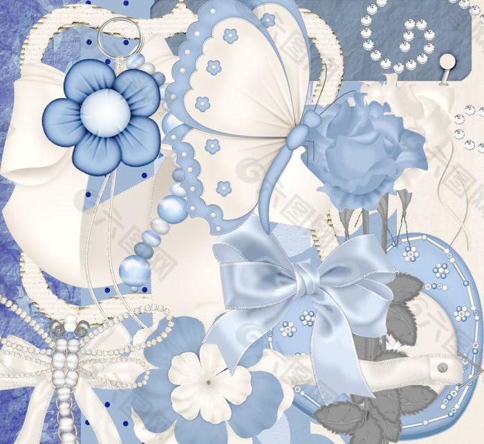 花朵缎带蝴蝶结(蓝白)图片