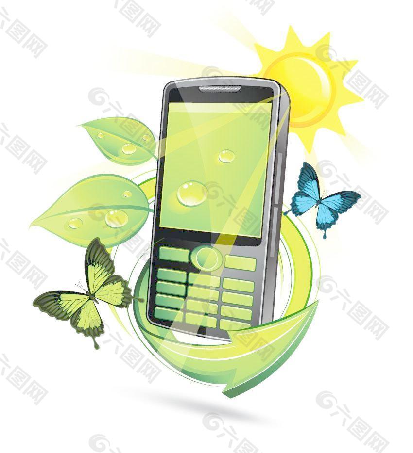 绿色环保手机 绿叶 水滴 水珠 蝴蝶图片