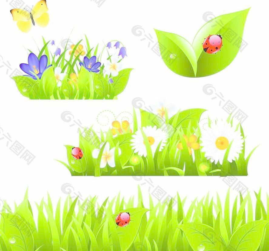 绿叶鲜花瓢虫蝴蝶 绿色生态环保图片