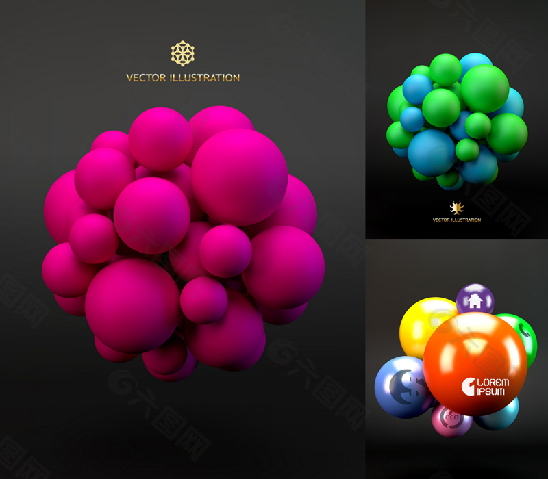 3款彩色3D球体装饰背景矢量素材