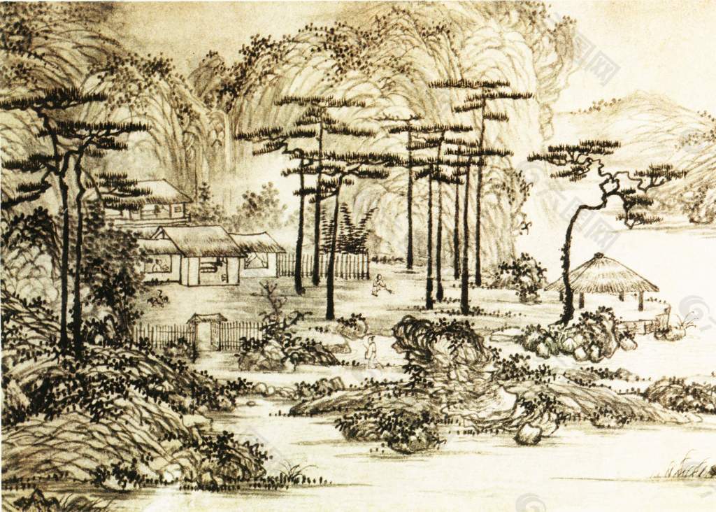 木製 足付きグラス 中国画 中国古玩美術 手書き 山水 風景-
