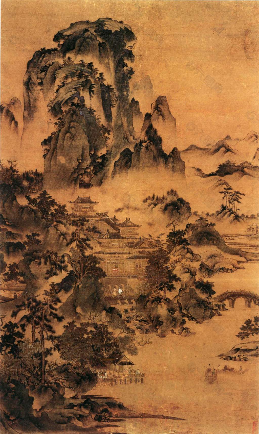 古典中国画山水风景画房子