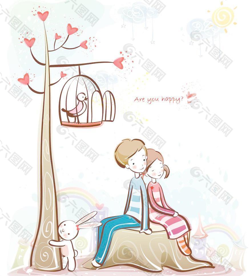 坐在树墩上的情侣图片