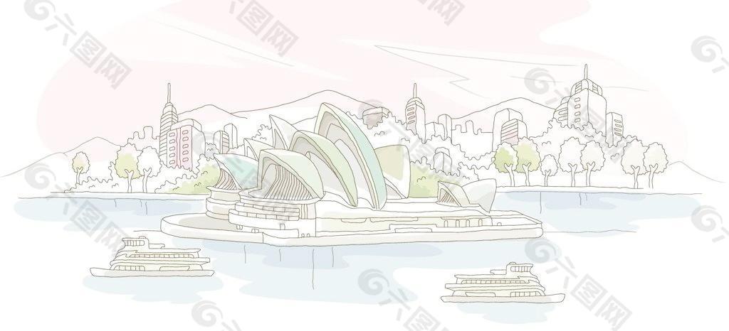 手绘悉尼海滨城市景观图片