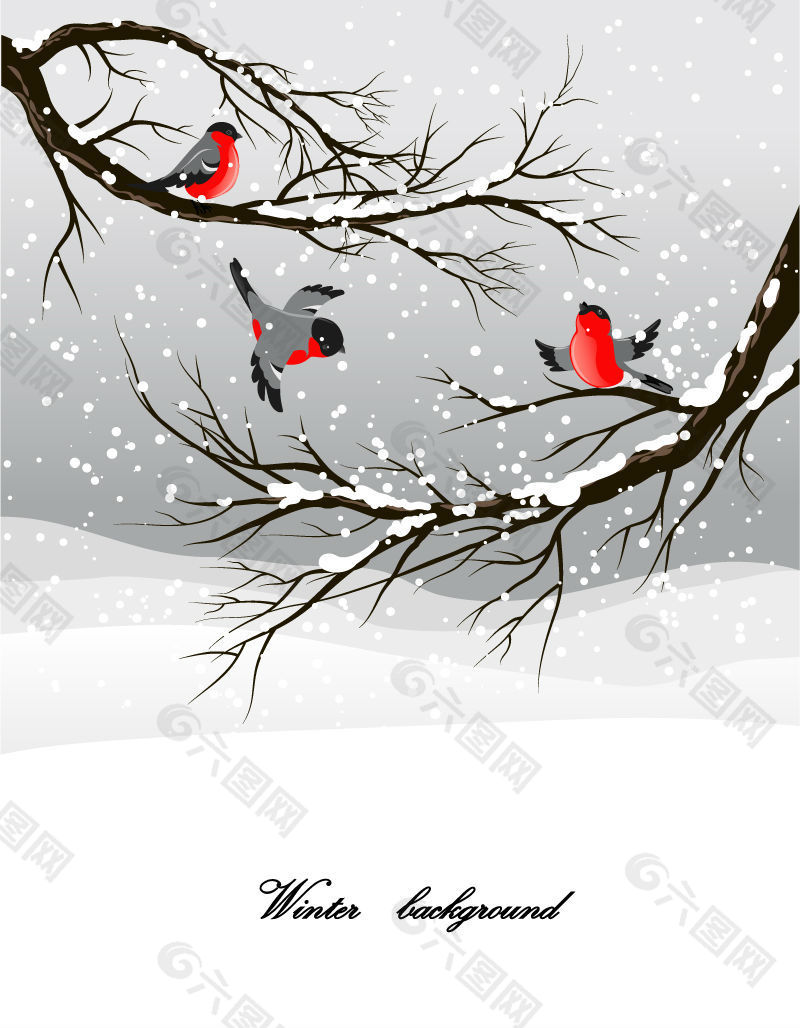 冬季下雪鸟插画矢量素材