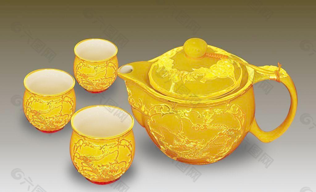 彩釉 金龙 茶具图片