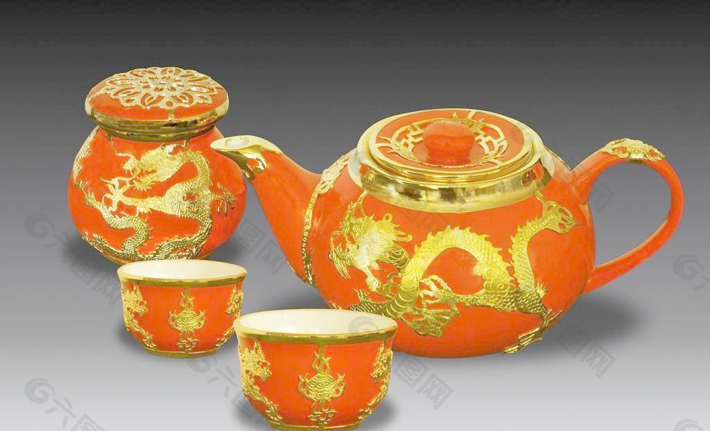 红釉 金龙 茶具图片