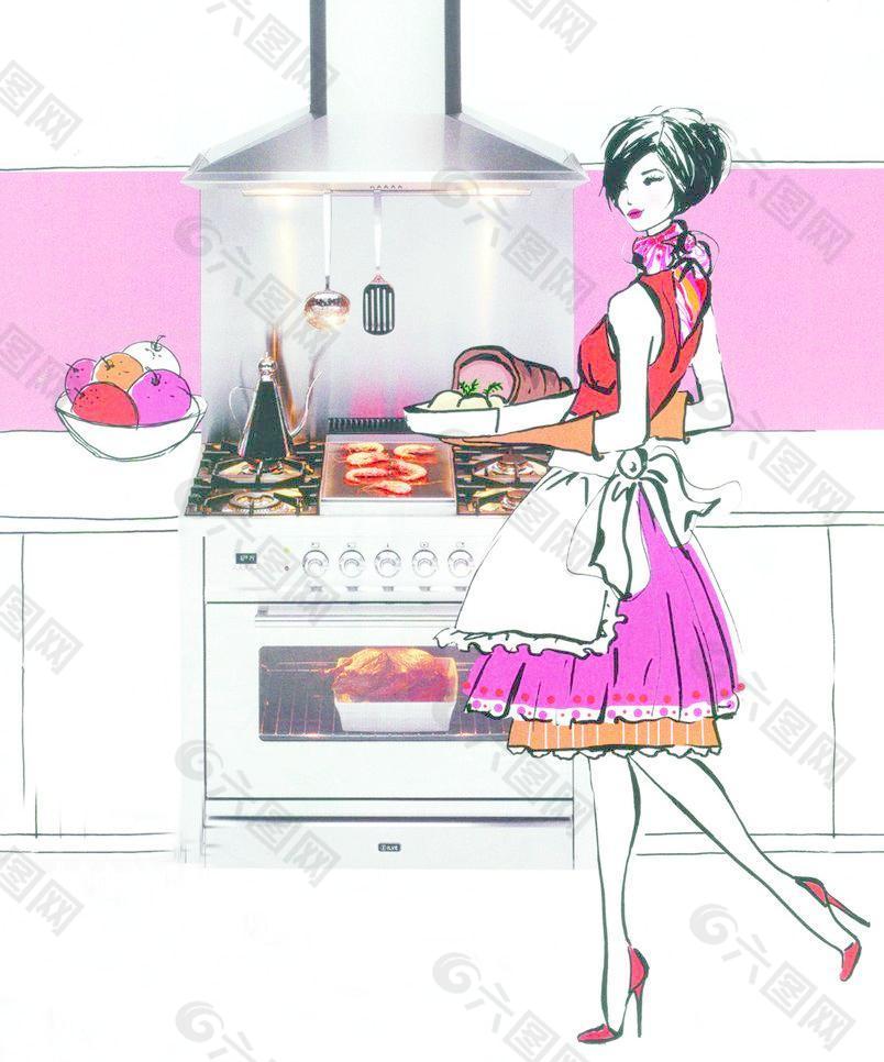 手绘时尚女性在厨房准备膳食图片