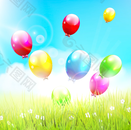 绿色的草地和彩色的气球背景