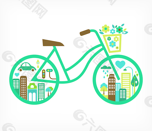 绿色自行车与城市载体