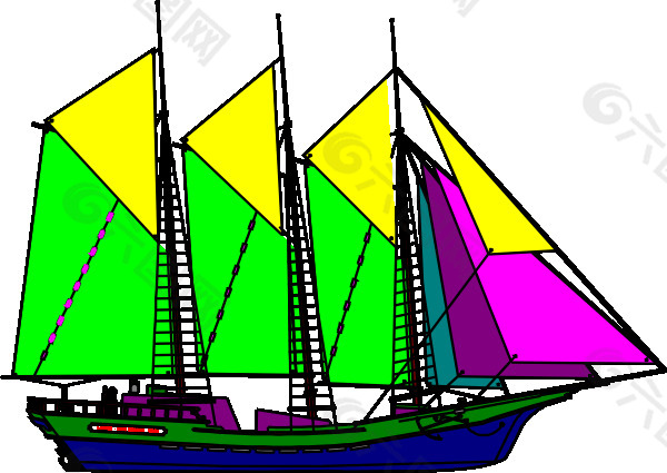 大帆船的黄的、紫的剪贴画