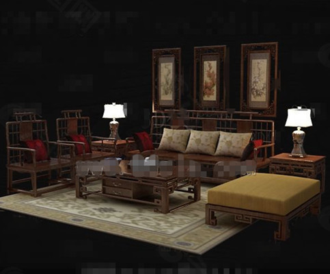 中式复古木制沙发组合
