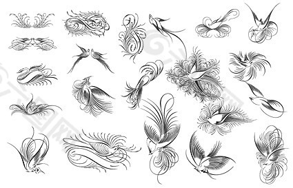 鸟，鸟，花，黑色和白色，和材料